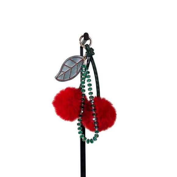 Cherry Pompom Keychain Purse Fob Charm Sparkly Beaded Wristlet Red Green NEW - Picture 1 of 2